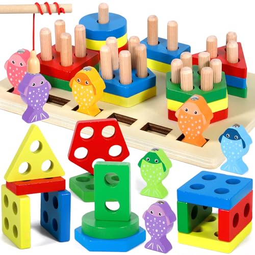 GUHAOOL Farberkennungsspielzeug Montessori Spielzeug ab 1 2 3 Jahre,Holz Sortier&Stapelspielzeug Steckpuzzle 12+ Monate Baby,Magnetisches Angelspiel,Geometrische Baukasten Shape Sorter Puzzles von GUHAOOL