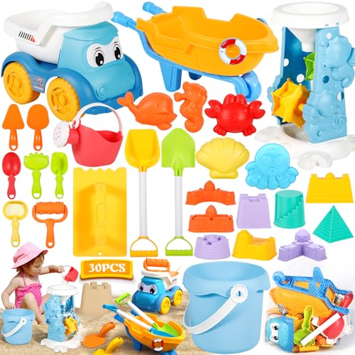 GUHAOOL Sandspielzeug,30 Stück Strandspielzeug Kinder,Strand Sandspielzeug Set mit Wasserrad, Eimer,Sandförmchen,Sandschaufel,Netzbeutel,Sandkasten Spielzeug für Kinder 1 2 3 Jahre (Zufällige Farbe) von GUHAOOL