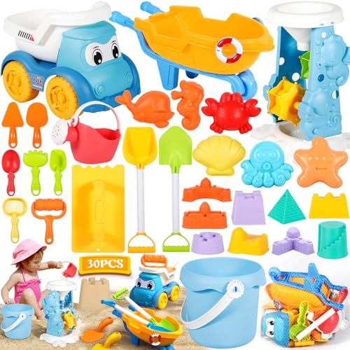GUHAOOL Sandspielzeug,30 Stück Strandspielzeug Kinder,Strand Sandspielzeug Set mit Wasserrad, Eimer,Sandförmchen,Sandschaufel,Netzbeutel,Sandkasten Spielzeug für Kinder 1 2 3 Jahre (Zufällige Farbe) von GUHAOOL