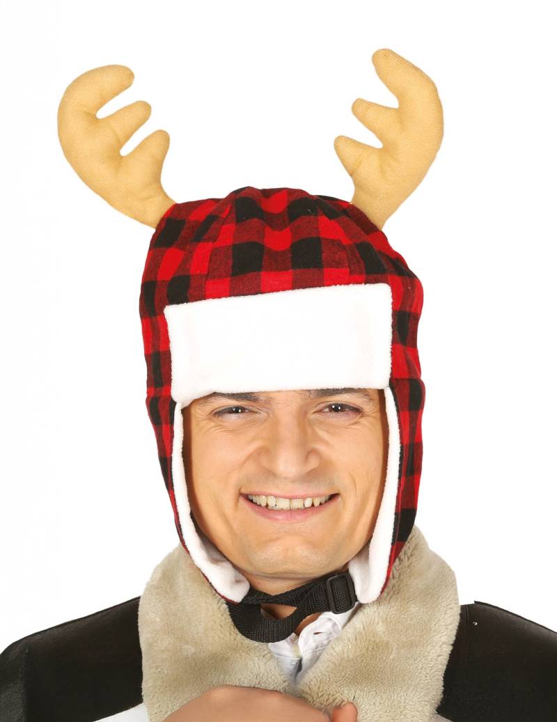Karierte Mütze mit Rentiergeweih für Erwachsene Rot Schwarz von GUIRMA