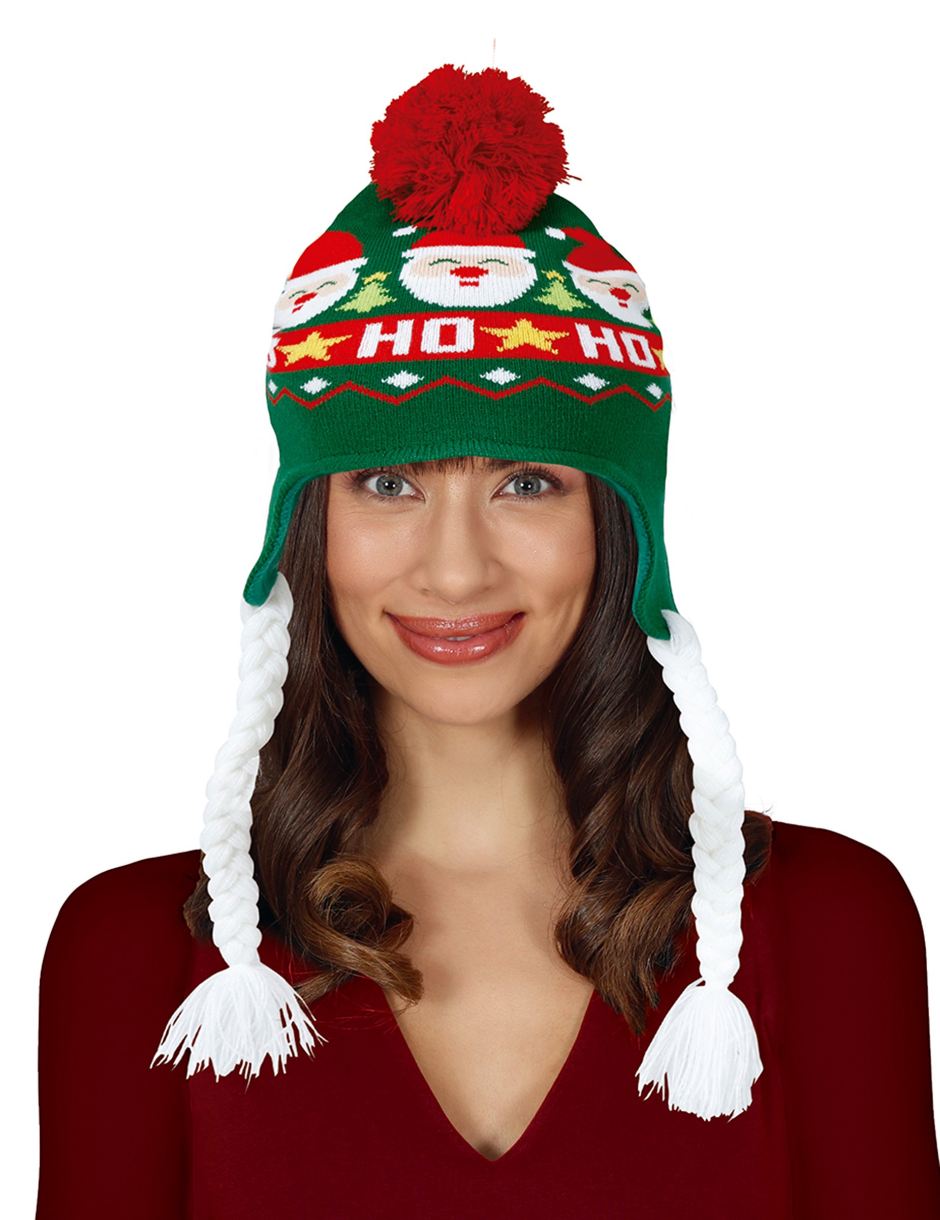 Mütze mit Bommel für Weihnachten Grün Rot von GUIRMA