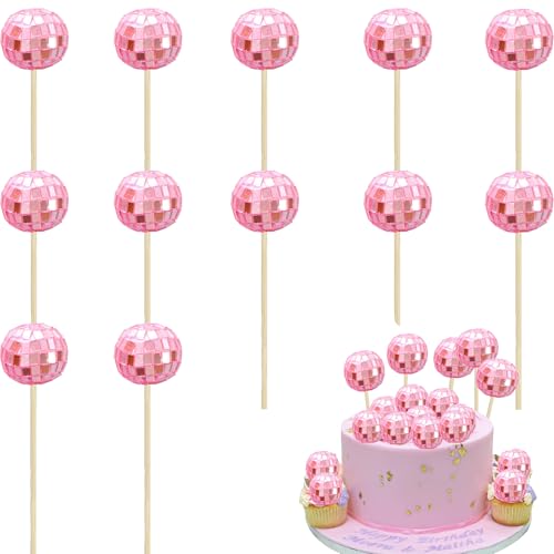 Discokugel Kuchen Toppers,12 Stück Disco Spiegel Ball, 1970s Mini Discokugel Tortendeko, 3 cm Discokugel Tortendeko Spiegelkugel, Disco Ball Cake Toppers für Geburtstags,Disko Themenparty (Pink) von GUIZIYAO