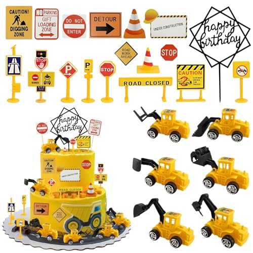 Tortendeko Baustelle, Bagger Kuchen Deko, Baustellenfahrzeuge Kuchen Deko, Junge Geburtstag Kuchendeko, verkehrsschilder kinder, Bagger Spielzeugauto, für Geburtstag Kuchendeckel (B) von GUIZIYAO