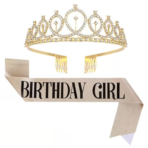 GUO-YING Krone & Schärpe für Damen & Mädchen - Geburtstagskrone, Geburtstags-Schärpe, Festdeko Haarschmuck mit Glitzer, Tiaras & Schärpen Set für Geburtstagskönigin & Party (gold 4) von GUO-YING