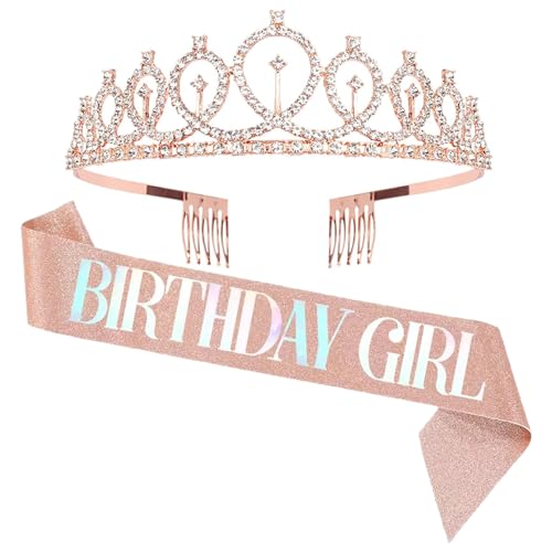 GUO-YING Krone & Schärpe für Damen & Mädchen - Geburtstagskrone, Geburtstags-Schärpe, Festdeko Haarschmuck mit Glitzer, Tiaras & Schärpen Set für Geburtstagskönigin & Party (rose gold 4) von GUO-YING