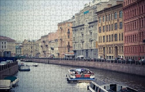 GUOHLOZ Puzzle 1000 Teile Klassische Puzzle Erwachsene Puzzle DIY Kit Einzigartiges Geschenk Moderne Wohnkultur Fluss, Boote, St. Petersburg, Russland, 75x50cm von GUOHLOZ
