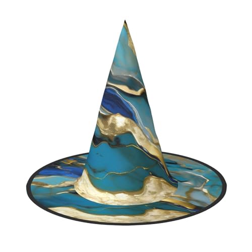 Azurit Blaugrün und Folie, Gold, Öl-Marmor-Muster, Druck, stilvoller Halloween-Hexenhut für Partys, Karneval und Cosplay, leicht, faltbar von GUOLGP