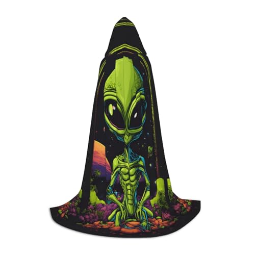 GUOLGP Grüner Alien-Druck, Halloween-Kapuzenumhang für Herren, Damen, Teenager, Zauberer, Robe für Weihnachten, Kostüm, Karneval von GUOLGP