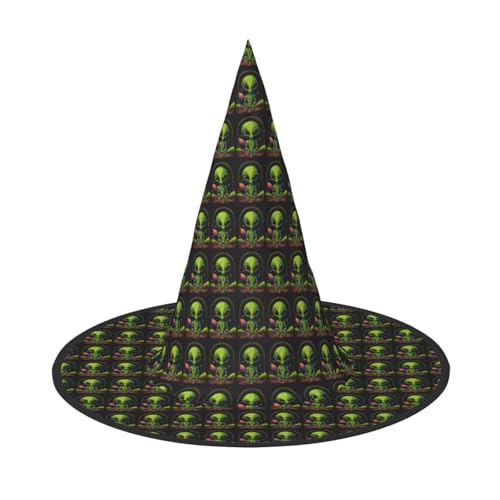 GUOLGP Grüner Alien-Druck, stilvoller Halloween-Hexenhut für Partys, Karneval und Cosplay, leicht, faltbar von GUOLGP