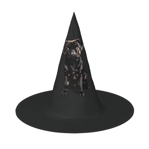 GUOLGP Niedlicher schwarzer Mops, Standard-Skala, 2_00x Druck, stilvoller Halloween-Hexenhut, für Partys, Karneval und Cosplay, leicht, faltbar von GUOLGP