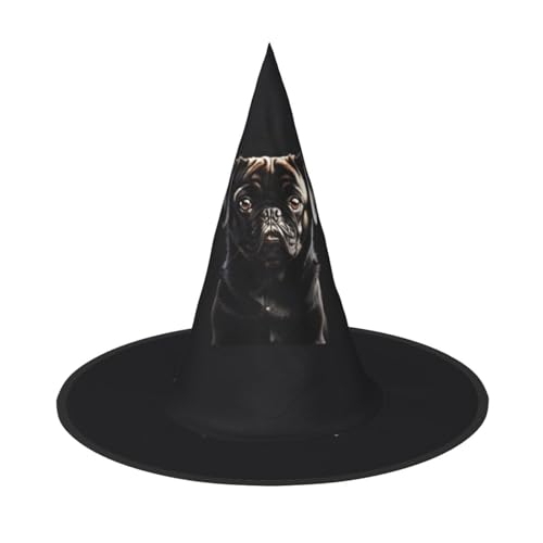 GUOLGP Niedlicher schwarzer Mops-Druck, stilvoller Halloween-Hexenhut für Partys, Karneval und Cosplay, leicht, faltbar von GUOLGP