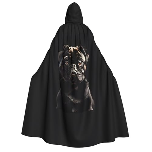 GUOLGP Niedlicher schwarzer Mops-Hunde-Aufdruck, für Damen und Herren, Kapuzenumhang für Halloween, Weihnachten, Karneval, Mottopartys von GUOLGP