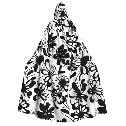 GUOLGP Schwarzer und weißer Blumendruck, für Damen und Herren, Kapuzenumhang für Halloween, Weihnachten, Karneval, Mottopartys von GUOLGP