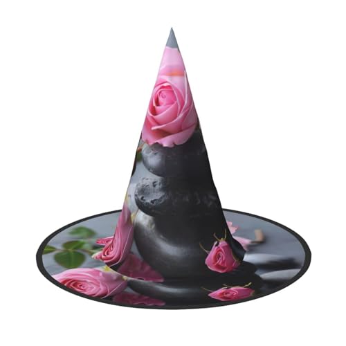 GUOLGP Spa Stein und Rose Blumen Druck Stilvolle Halloween Hexenhut für Partys Karneval und Cosplay Leicht Faltbar von GUOLGP