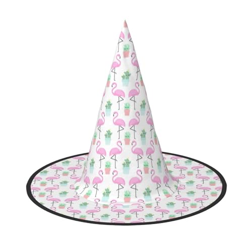 GUOLGP Tropischer Flamingo, niedlicher Kaktus-Druck, stilvoller Halloween-Hexenhut, für Partys, Karneval und Cosplay, leicht, faltbar von GUOLGP