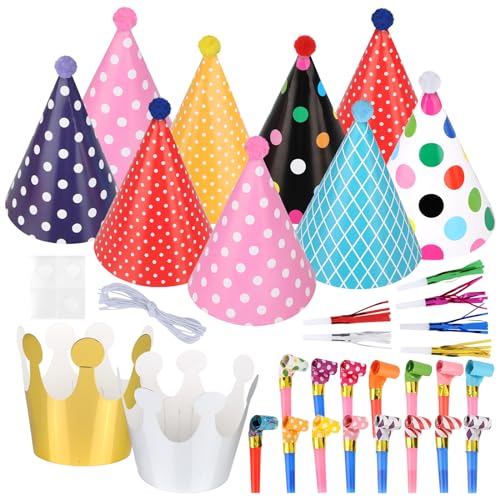 GUOYIHUA 32 Stück Partyhüte Set, Kinder Party Papier Geburtstagskrone, Party Kegel Hüte, Lufttröte Tröten, Lustige Kindergeburtstag Celebration Dekoration Set, Party Supplies Kinder und Erwachsene von GUOYIHUA