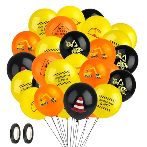 GUOYIHUA 48 Stück Baufahrzeug Luftballons, 12 Zoll Bagger Luftballons, Baustellen Luftballons Geburtstag mit 2 Ballonband, Bagger Latex Ballon für Party Kindergeburtstag Dekorationen von GUOYIHUA