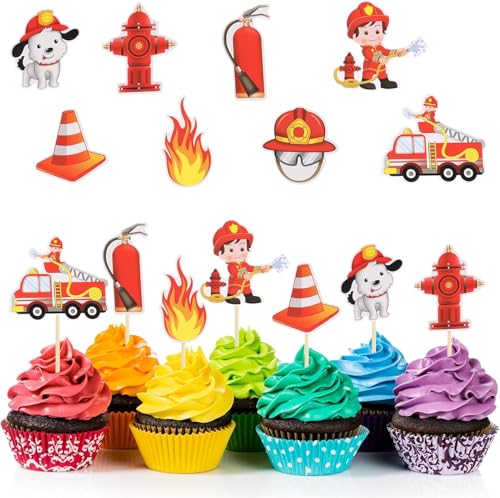 GUOYOU 24-teilige Feuerwehr-Tortendeko: Cupcake Deko, Muffin Deko, Kuchendeko für Kindergeburtstage & Partys in Rot & Gelb von GUOYOU