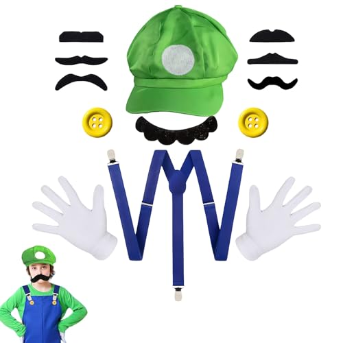 GUOYOU Super Bros Kostüm Accessories, Super Bros Luigi Kostüm mit Grün Mützen 7 markante Schnurrbärte Handschuhe Knöpfe Hosenträger für Mario und Luigi rot und grün Videospiel von GUOYOU