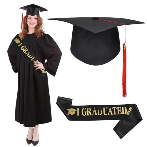 GUOYOU Bachelor Hut, Verstellbar Bachelor Abschluss Hut, Absolventenhut Unisex mit I GRADUATED Schärpe Schwarz, Studentenhut für Abschlussfeiern Foto Hintergrund Abschlussparty von GUOYOU