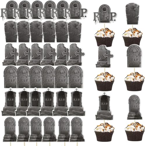 GUOYOU36 Stücke tortendeko kindergeburtstag Kuchen Deko Cupcake Topper Happy Cake Toppers Cupcake Deko Kuchen Grabstein Tortendeko Muffins Dessert Dekoration per Gruselige Halloween-Mottopartys von GUOYOU