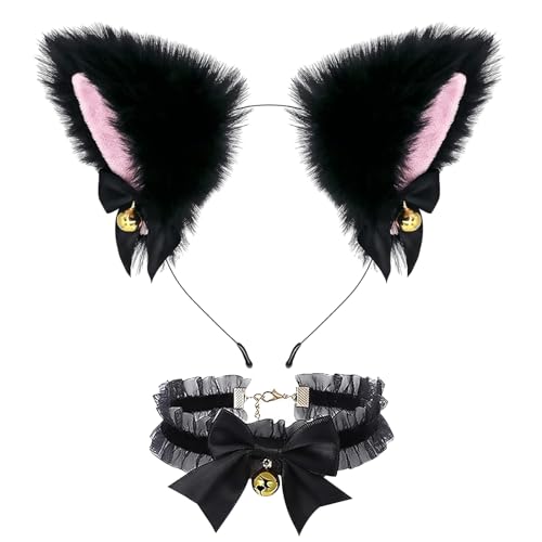 GUOYOU Katze Cosplay Set mit Glöckchen Halskette, Katzenkostüm Damen Haarreif, Katzenohren Stirnband für Karneval, Niedlich Cat Ears Haarschmuck, für Karneval Fasching Motto Cosplay Party(Schwarz) von GUOYOU