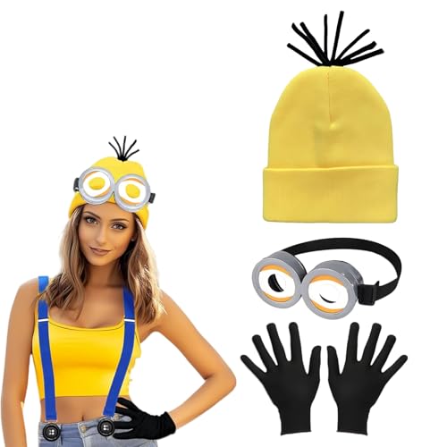 GUOYOU Karneval Gelbes Kostüm Set, 3 Stücke Kostüm Steampunk-Brille Schwarz Handschuhe und Gelber Hut Mütze Cosplay Party Kostüm,Halloween Kostüme Geeignet Damen Herren Kinder von GUOYOU