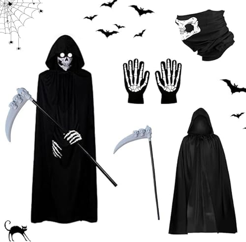 GUOYOU Vierteiliges Set Sense Halloween Cosplay Halloween Kostüm Männer Dekoration Sensenmann Kostüm Herren Schwarz Umhang Sensenmann Kostüms für Halloweens Party Maskerade (Kind) von GUOYOU