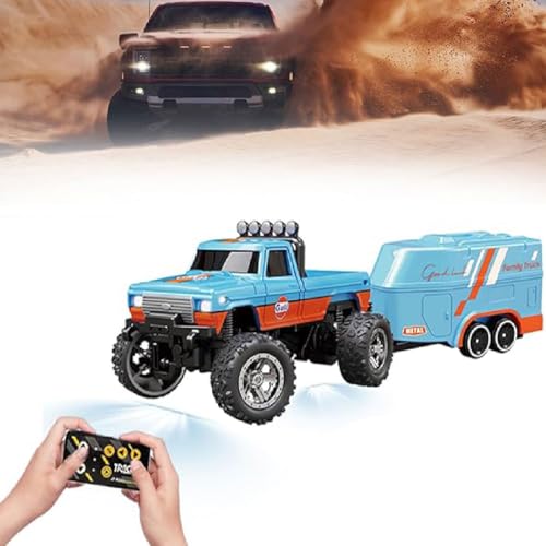 Bigfoot Monster Buggy, Monster Truck Spielzeug, Monstertruck 2.4GHz, 1:64 Mini RC Monster Truck mit Lichter und Anhänger, aufladbar mit USB-Kabel, Ferngesteuertes Auto für Jungen und Mädchen (Blau) von GUSHE