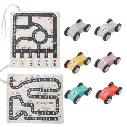GUSHE Canvas Car Toy Set, Segeltuch-Auto-Spielzeug-Set, Cartoon Lastwagen Auto Spielzeug mit Spielmatte/Aufbewahrungstasche, Baby-Spielzeugautos mit Spielmatte, Holzauto für Kinder ab 1 2 3 Jahren von GUSHE