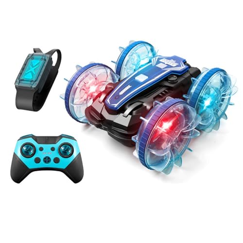 RC Land and Water stunt Car with 2 Remote Controls, Amphibienfahrzeug Ferngesteuert, 4WD 360° Drehbares Gestensensor Stunt RC Auto mit Lichtern, All Terrain Ferngesteuertes Auto für Kinder (Blau) von GUSHE
