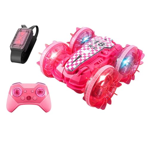 RC Land and Water stunt Car with 2 Remote Controls, Amphibienfahrzeug Ferngesteuert, 4WD 360° Drehbares Gestensensor Stunt RC Auto mit Lichtern, All Terrain Ferngesteuertes Auto für Kinder (Pink) von GUSHE