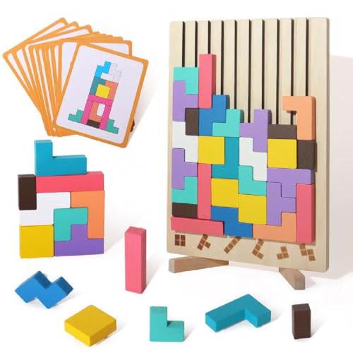 Wooden Stacking Puzzle Toy, Hölzernes Stapelpuzzle Spielzeug, 3D Puzzle Tetris Spiel Kinder, 42 Stück Intelligenz bunten Bausteinen, Montessori Brain Teaser Spielzeug Geschenk für Kinder von GUSHE