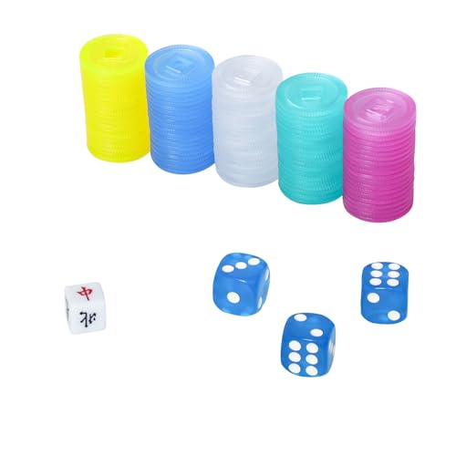 GUSTARIA Farbige Mahjong-Punktmünzen, Kunststoff, 100 Chips für Mahjong-Spiele, 5 Farben (rot, gelb, grün, blau, weiß) mit 1 Indikator und 3 Würfeln von GUSTARIA