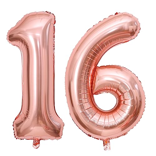 Roségold Luftballon 16 Geburtstag 100cm Riesen Folienballon Zahl 16 Geburtstagsdeko Mädchen Frau Ballon Zahl Deko zum Geburtstag. Fliegt mit Helium. von GUTCOOL