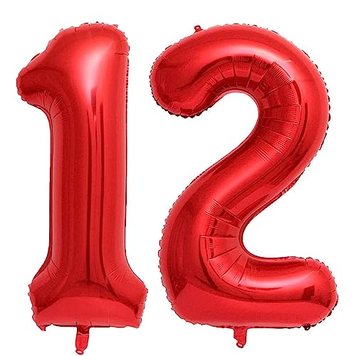 Luftballon 12. Geburtstag Zahl 12 Rot XXL Riesen Folienballon 100cm Geburtstagsdeko Mädchen Frau Ballon Zahl Deko zum Geburtstag. Fliegt mit Helium. (Rot, Zahl 12) von GUTCOOL