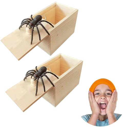 GUTERTOP 2PCS Spinne In Streich-Box, Gummispinne Holz, Scherzartikel für Halloween, Spider Scare für Kinder Erwachsene Party Favors von GUTERTOP