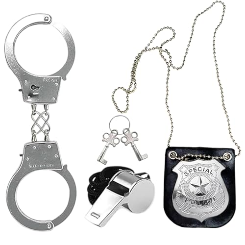 GUTERTOP Handschellen Kinder Echt Stahl, Polizei Zubehör Set Mit Abzeichen für Cosplay Polizist Kostüm von GUTERTOP