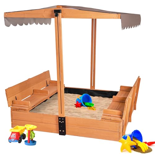 Großer Holz-Sandkasten für Kinder mit Abdeckung, Sandkasten mit Deckel, faltbare Sitze, Sandkästen für Hinterhof, Garten, Sandkasten für Strand, Terrasse, Outdoor (Sandkasten) von GUTINNEEN