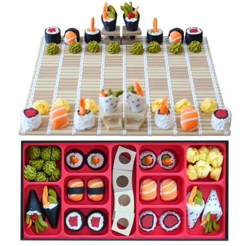 Sushi -Schach - Das Sushi -Themenschach -Set, 3D -gedruckte Sushi -Roller -Schachstücke, Japanisches Essensstrategiespiel, mit Rolling Board Matte und Bento Storage Box, Boxed Sushi -Schach - Das Sushi -Themenschach -Set, 3D -gedruckte Sushi -Roller -Schachstücke, Japanisches Essensstrategiespiel, mit Rolling Board Matte und Bento Storage Box, Boxed von GUUZETU