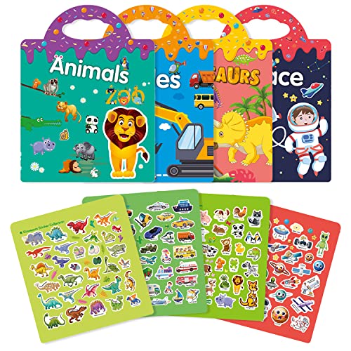 GUYUCOM LA1185 Stickerbuch ab 2 3 4 5 6 Jahre Spielzeug für Kinder Sticker Book Set Lerngeschenke Kinderspielzeug Weihnachten Geburtstag Geschenke, Fahrzeuge +Tiere+Weltraum+Dinosaurier, 4 Stück von GUYUCOM