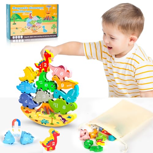 GUYUWE Stapelspiel ab 3 4 5 Jahre Dinosaurier Stapelspielzeug Montessori Spielzeug aus Holz Geschenke für Kinder Pädagogisches Magnetische Übereinstimmung (Dinosaurier) von GUYUWE