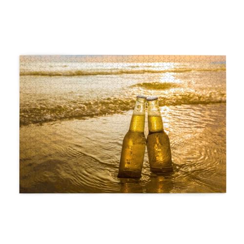 Flaschen Bier Strand Sonnenuntergang Zeit Bedruckt, Puzzles 1000 Teile Holzpuzzle Spielzeug Familienspiel Wanddekoration von GVCXCSGE