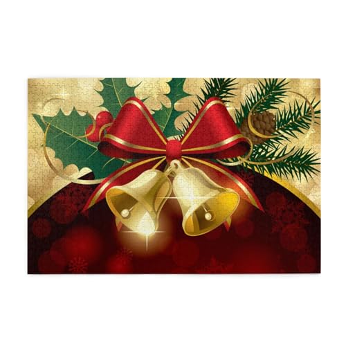 Weihnachten, rotes Band, goldene Glocken, Puzzles 1000 Teile Holzpuzzle Spielzeug Familienspiel Wanddekoration von GVCXCSGE