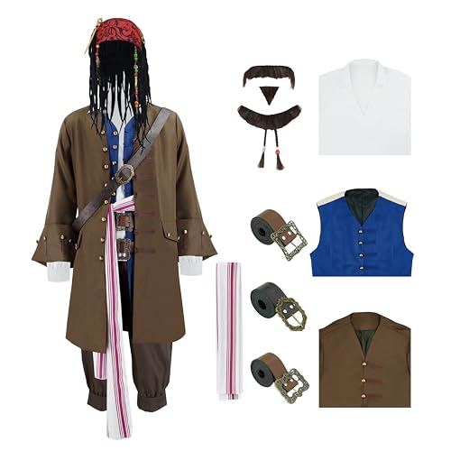 GVLAQST Piratenkostüm für Herren, Kapitän, Mantel, Weste, Schärpe, Hose, Gürtel, Perücke, Ziegenbart, Perlen, Halloween, Renaissance, Motto-Party, Outfit, Braun, Größe M GVLAQST Piratenkostüm für Herren, Kapitän, Mantel, Weste, Schärpe, Hose, Gürtel, Perücke, Ziegenbart, Perlen, Halloween, Renaissance, Motto-Party, Outfit, Braun, Größe M von GVLAQST