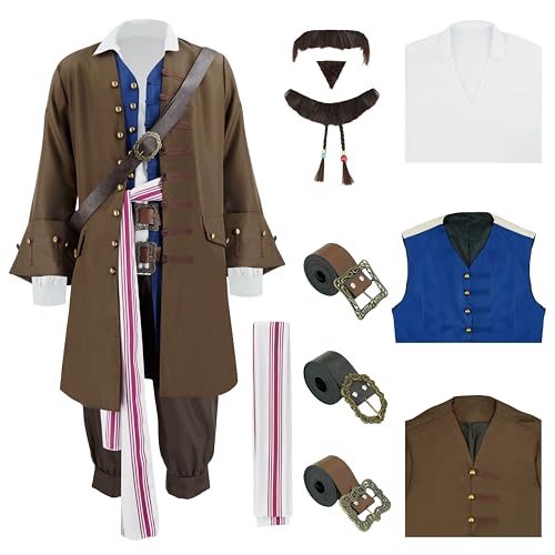GVLAQST Piratenkostüm für Herren, Kapitän, Mantel, Weste, Schärpe, Hose, Gürtel, Ziegenbart, Perlen, Halloween, Renaissance, Motto-Party-Outfit, braun, Größe S GVLAQST Piratenkostüm für Herren, Kapitän, Mantel, Weste, Schärpe, Hose, Gürtel, Ziegenbart, Perlen, Halloween, Renaissance, Motto-Party-Outfit, braun, Größe S von GVLAQST