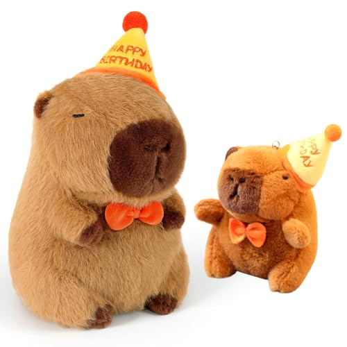 GVMJHYK Capybara Kuscheltier Set Plüschfigur mit Schlüsselanhänger Geburtstagshut Kawaii Geschenk für Kinder Mädchen Jungen Dekoration Sofa Bett Tierliebhaber (Gelb) von GVMJHYK