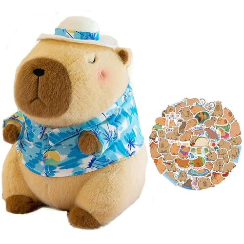 GVMJHYK Capybara Plüschtier 25 cm Capybara Kuscheltier mit Sonnenhut & Blumenhemd Capybara Kuscheltier 50 PCS Capybara Aufkleber Wasserschwein Vinyl Stickers für Home Deko Kinder von GVMJHYK