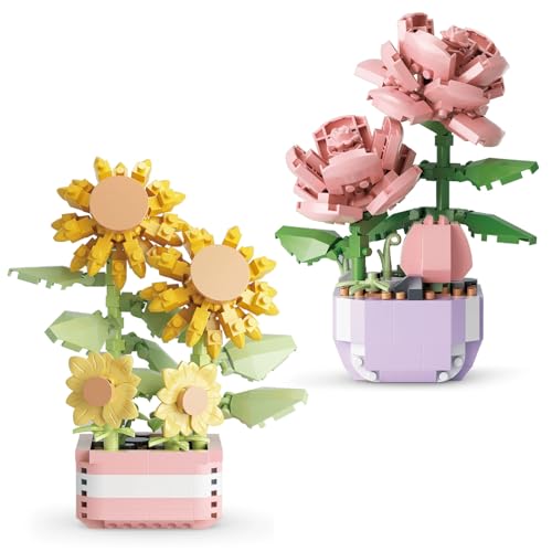 GWAWG 2 Blumen Bausteine Set Botanisches Spielzeug Rose Sonnenblume Botanicals Klemmbausteine DIY Blumenstrauß Bauspielzeugsets Frauen Mädchen Home Deko Geschenk Geburtstag Valentinstag Weihnachten von GWAWG