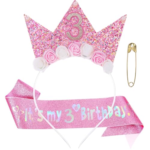 GWAWG 2 Stück 3-6 Jahr Geburtstagskrone Krone Geburtstag Mädchen Geburtstags Krone Stirnband mit Rose Blumen Geburtstagsgürtel Mädchen für Mädchens Frauen Geburtstags Weihnachten Party (rosa-3) von GWAWG